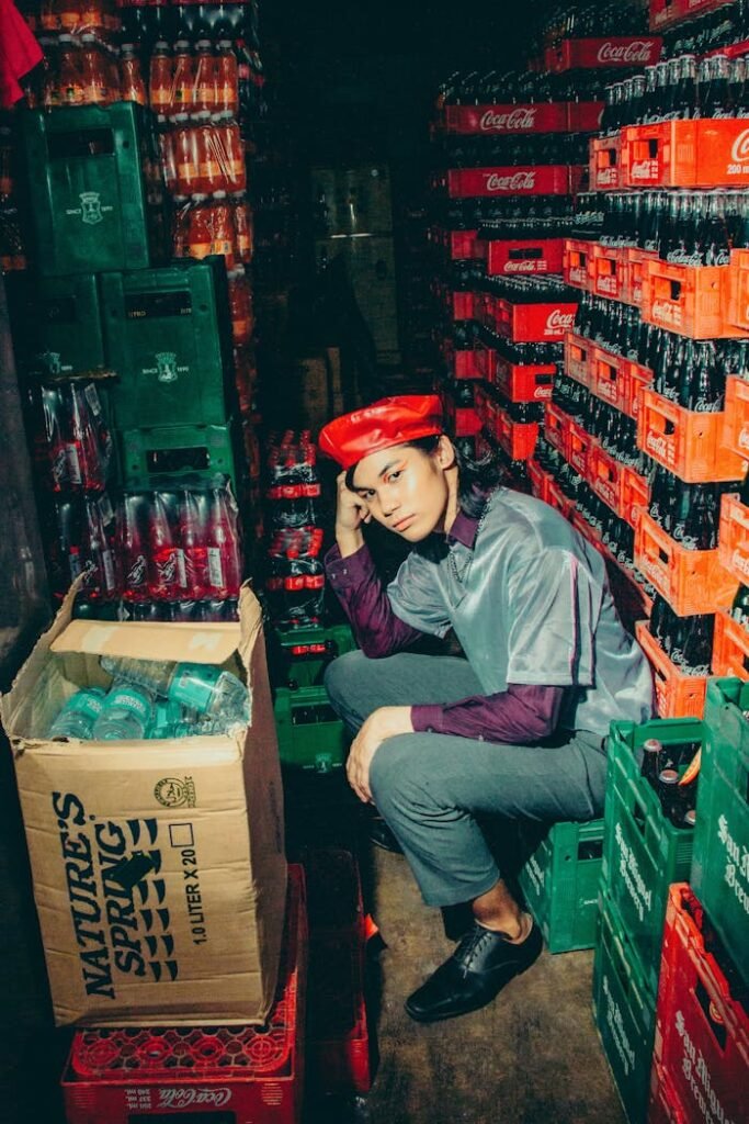 A person sitting among stacked crates of beverages in a dimly lit warehouse.