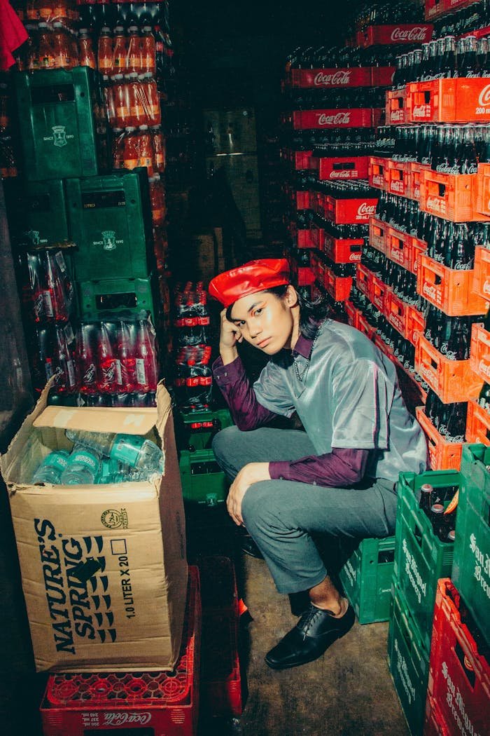 A person sitting among stacked crates of beverages in a dimly lit warehouse.